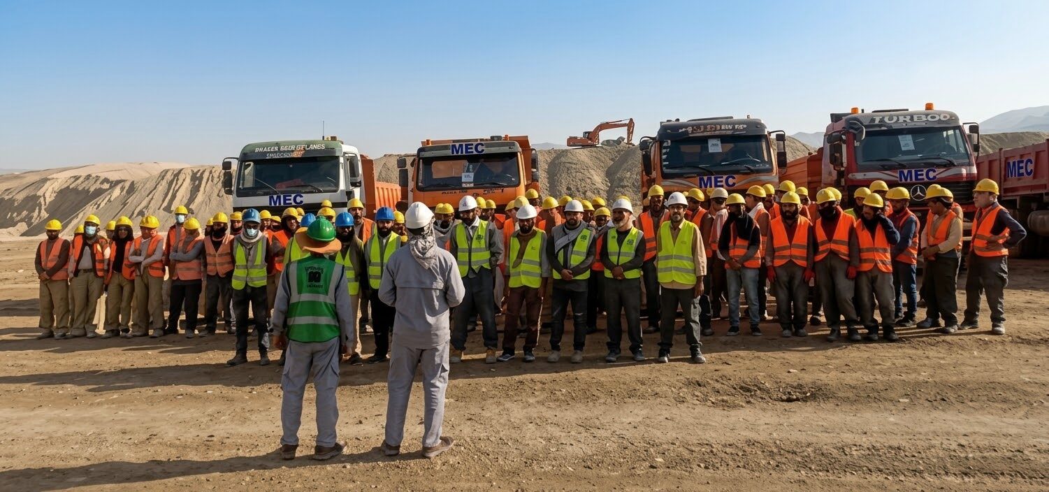 Around one hundred MECC workers assembled in front of four loaded tipper trucks at the Aynak site in Logar province